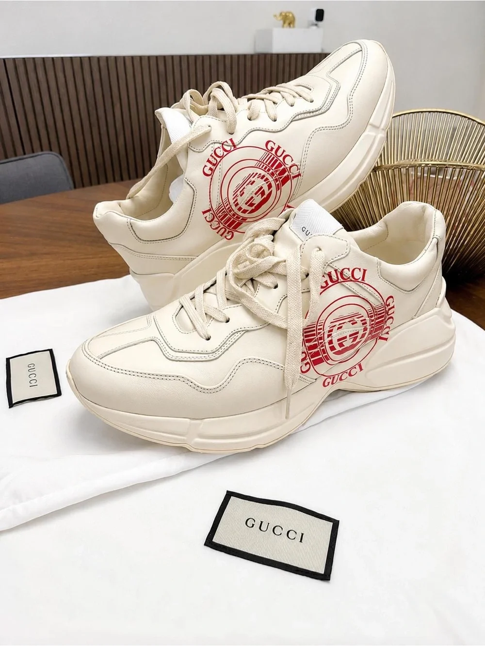 Gucci Cream Leather Platform Sneaker with Red Logo Accent